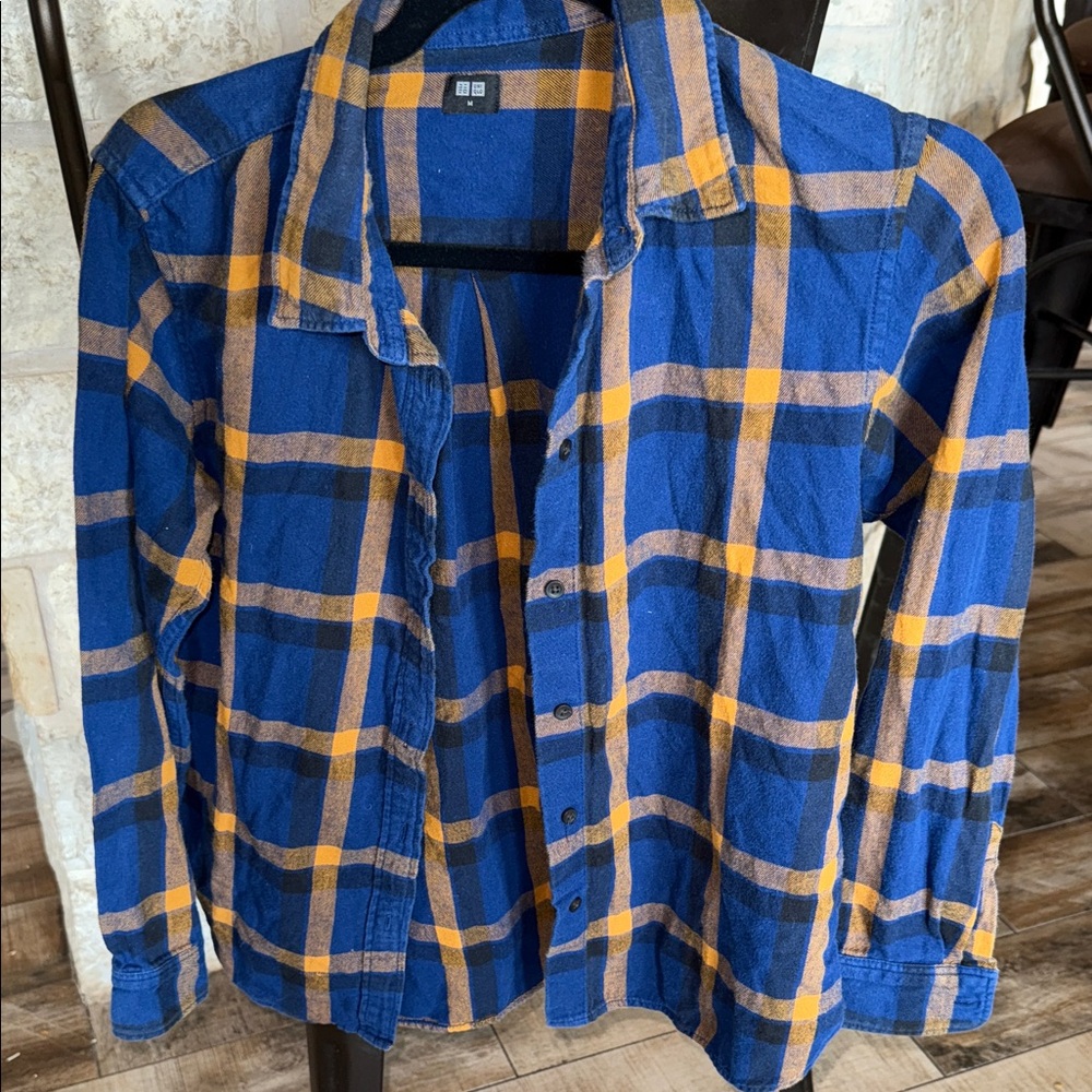 Blue and Yellow mustard Plaid Button-Up Shirt‎